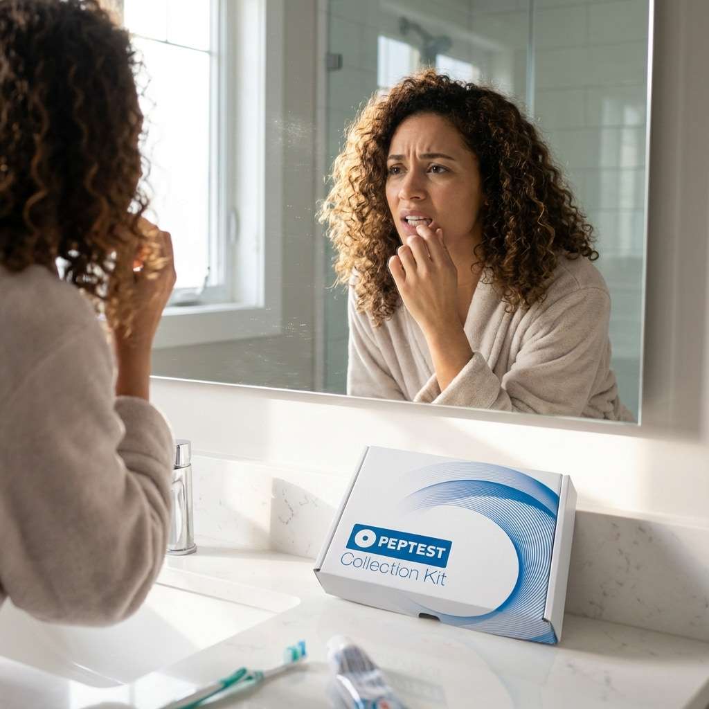 Woman examining her teeth in the mirror — early reflux-related erosion is often invisible without a dental examination