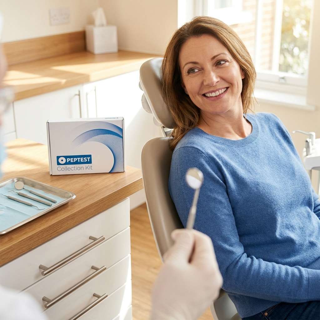 Dental patient in consultation — reflux-related tooth erosion is often identified at routine dental appointments