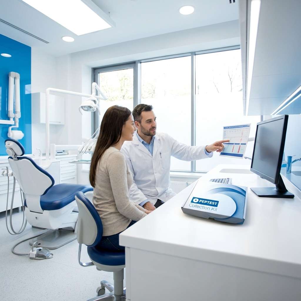 Dentist reviewing Peptest results with a patient